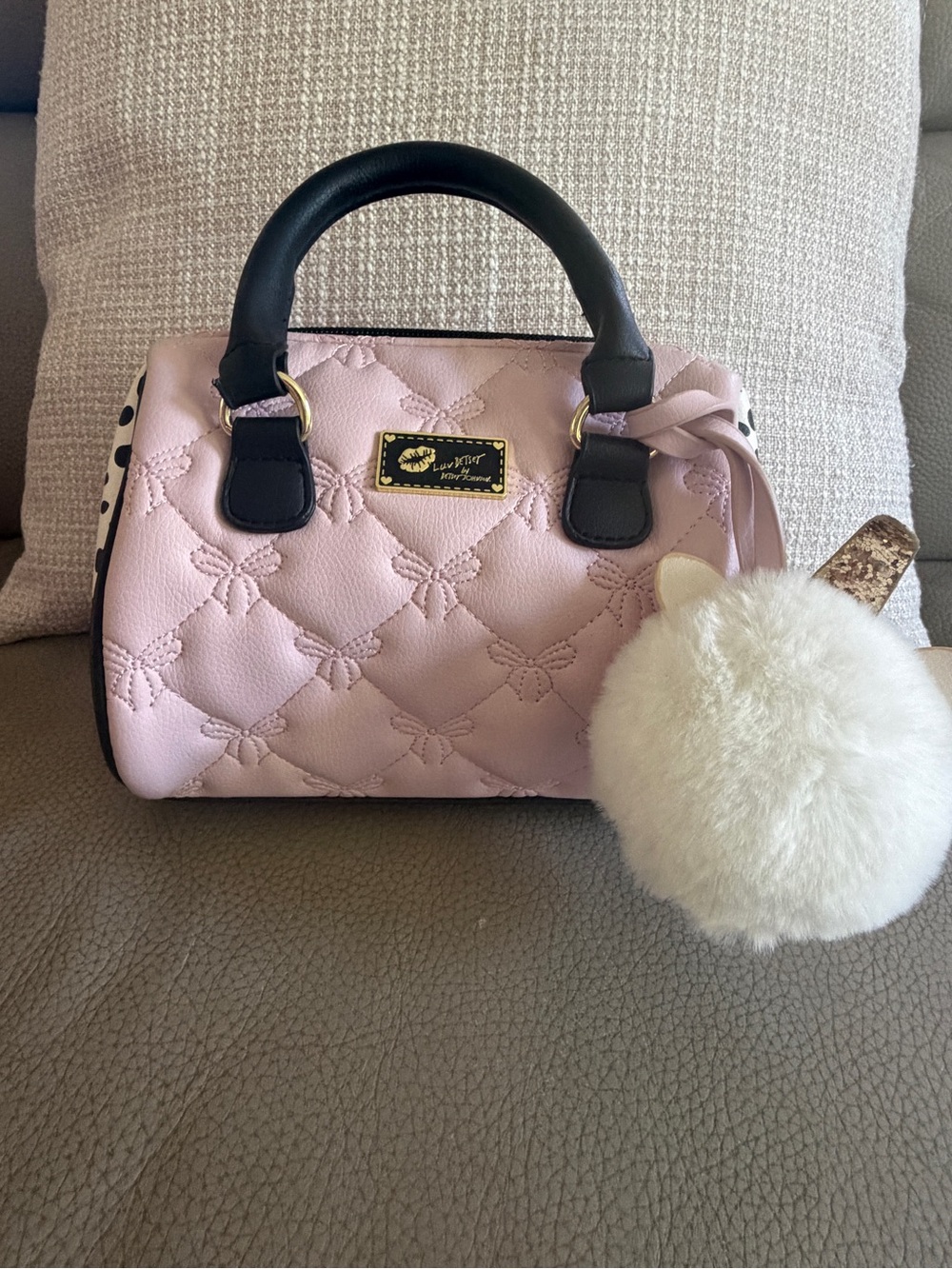 Betsey Johnson Quilted Pink Dome Satchel with Black Handles Bow Detail and Charm